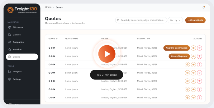 Freight130 shipments dashboard